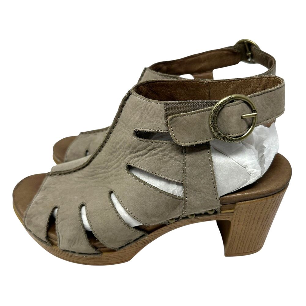 Dansko Women's Demetra Taupe Leather Peep Toe Heeled Sandal Size 40